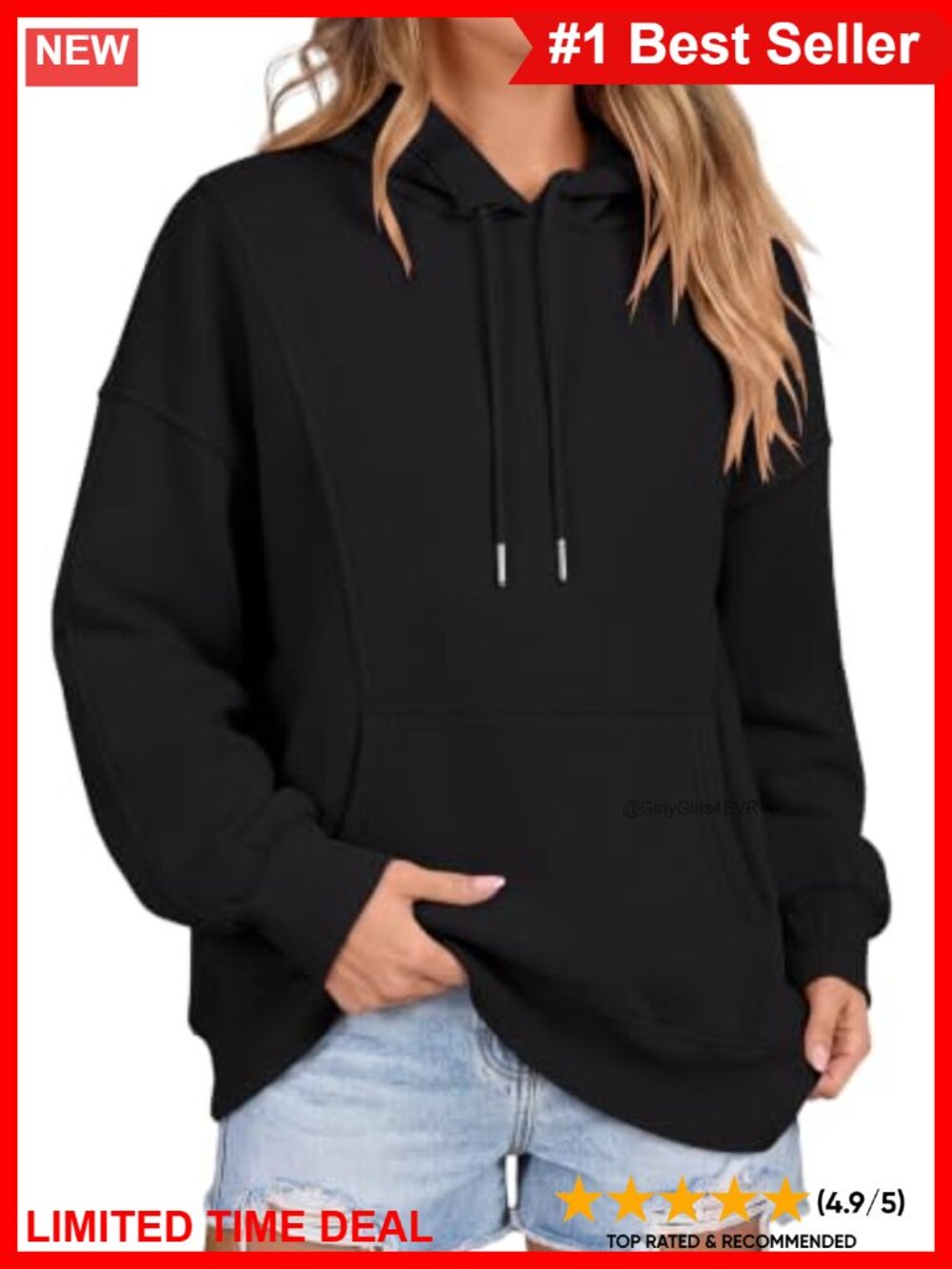 Oversized Longline Hoodie Sweatshirt Ribbed Cuffs Pullover Casual